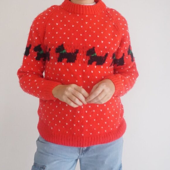Handmade Red Knit with Black Scottish Terrier 100% Wool Mock Neck Sweater M - Picture 2 of 12